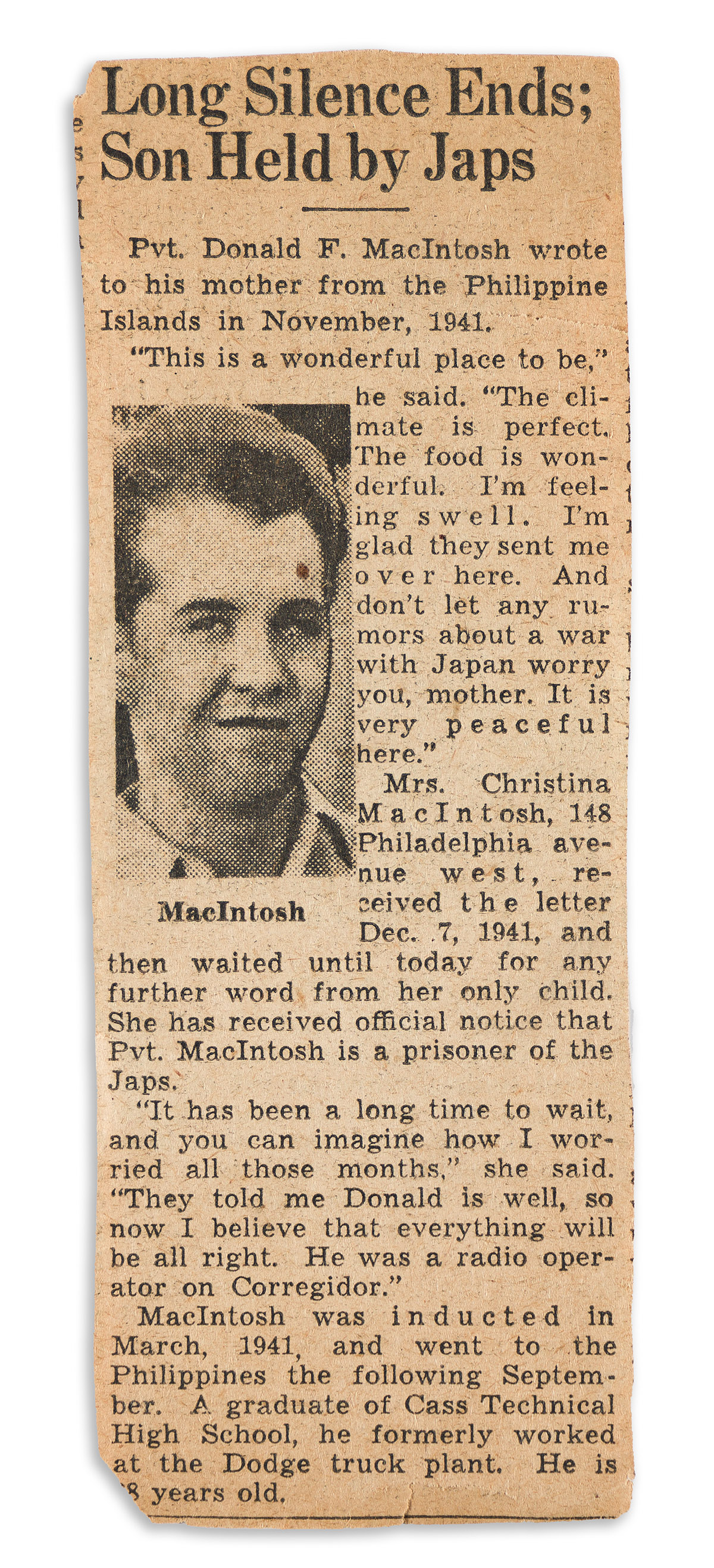 (WORLD WAR TWO.) Prison diary, correspondence, and other papers of Daniel MacIntosh, a Bataan Death March survivor.